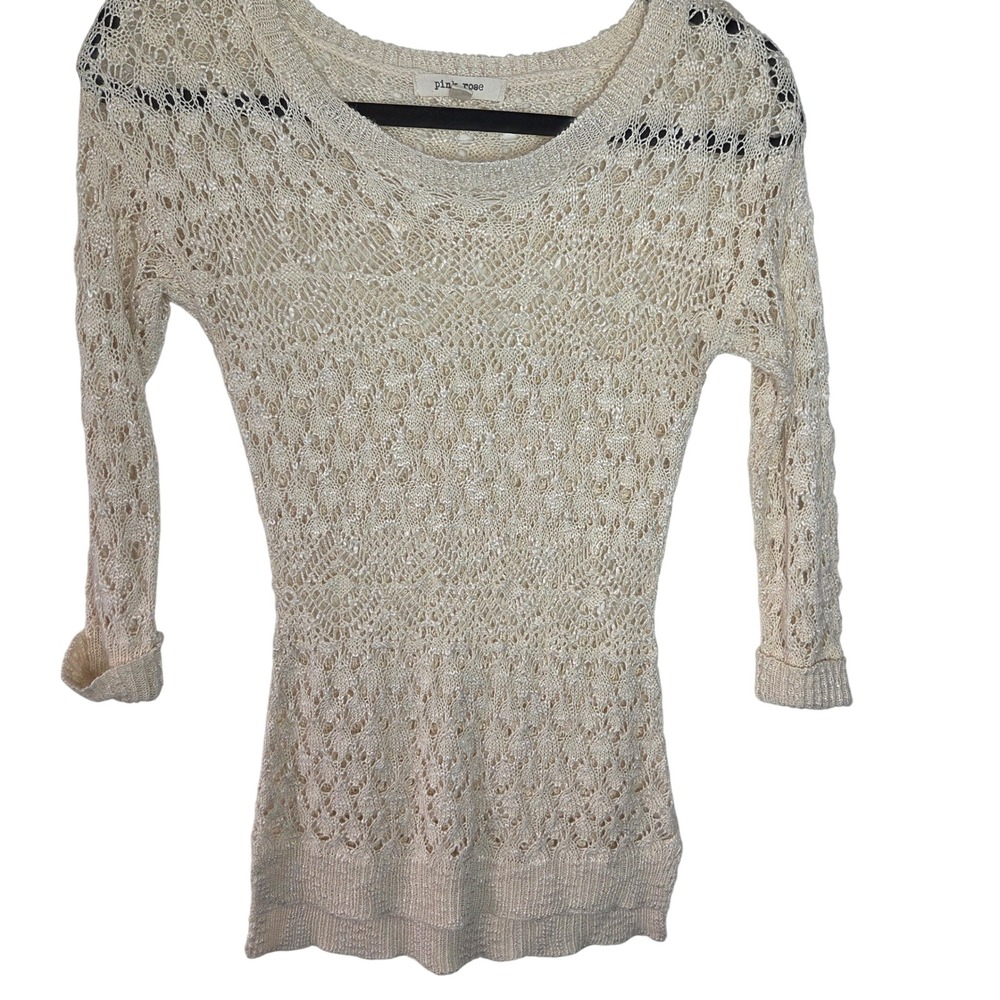 Pink Rose Crochet Knit Sweater Sheer Open Knit‎ Boho beach 3/4 Sleeve Top XS